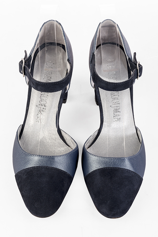 Midnight blue women's open side shoes, with an instep strap. Round toe. Medium block heels. Top view - Florence KOOIJMAN